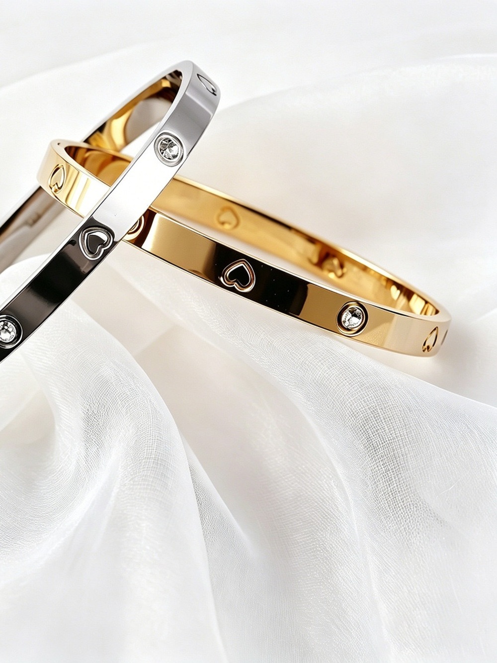 Gold and Silver Heart Accent Bangle Bracelets